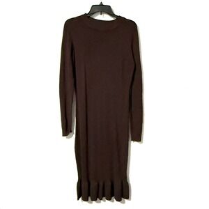 Rocorose Women's Sweater Knit Midi Dress Long Sleeve Crew Neck Brown Ruffle Hem